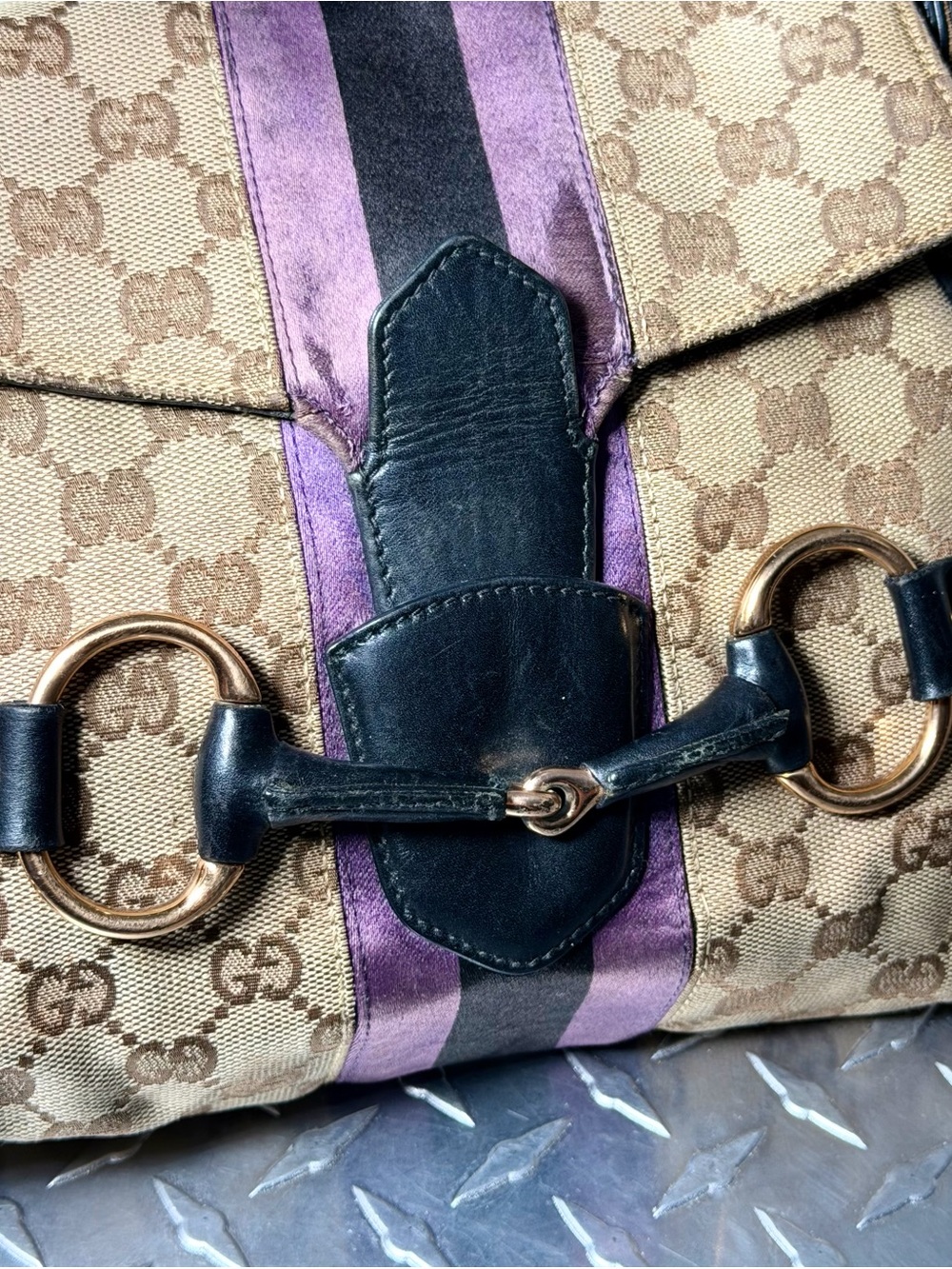 Gucci Vintage 1955 Horsebit Canvas GG Shoulder Bag in Brown/Purple - Picture 6 of 11